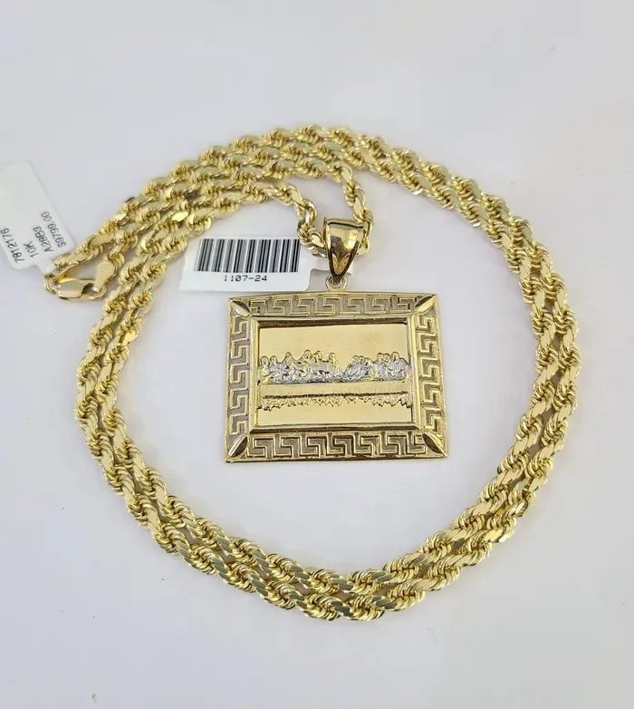 Necklaces Gold and Diamond 10k Solid Rope Chain 4mm Last Supper Pendant Charm Necklace SET 2028 in