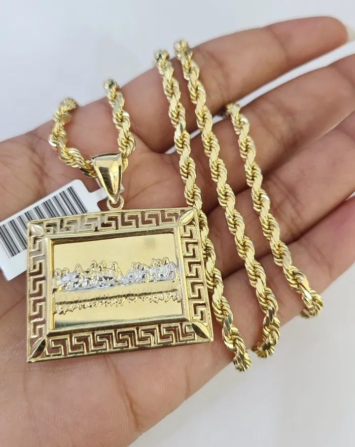 Necklaces Gold and Diamond 10k Solid Rope Chain 4mm Last Supper Pendant Charm Necklace SET 2028 in