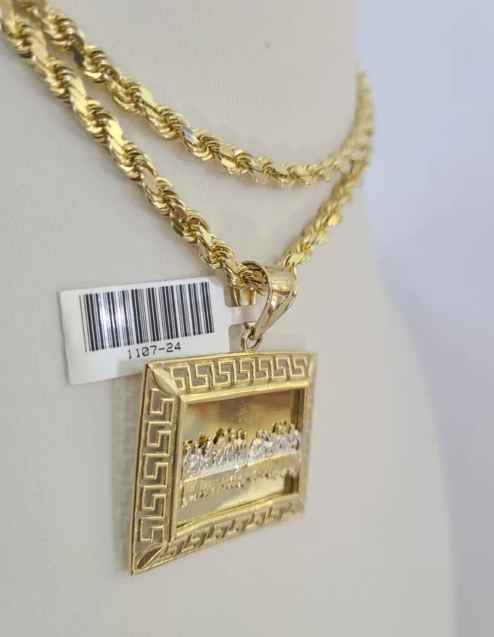 Necklaces Gold and Diamond 10k Solid Rope Chain 4mm Last Supper Pendant Charm Necklace SET 2028 in