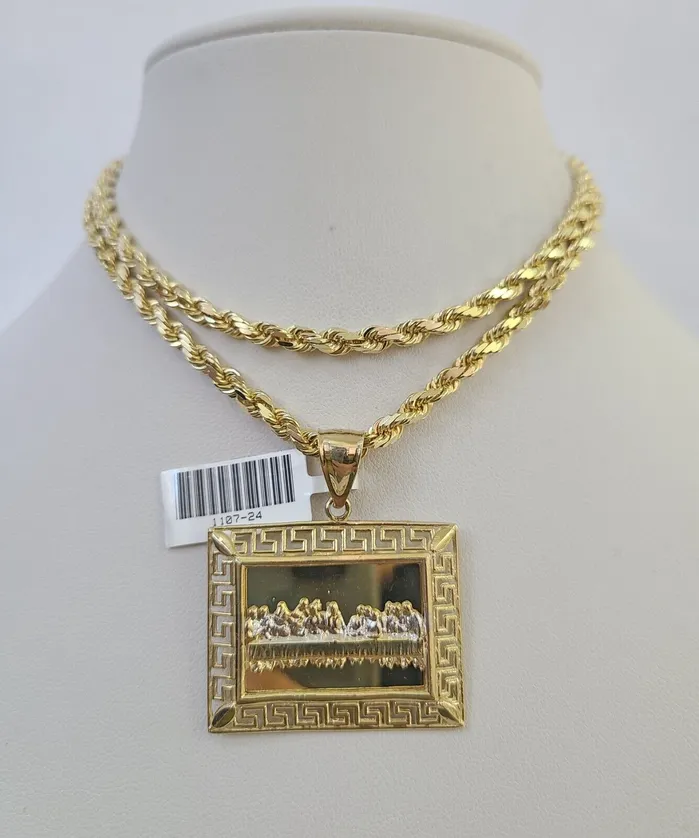 Necklaces Gold and Diamond 10k Solid Rope Chain 4mm Last Supper Pendant Charm Necklace SET 2028 in