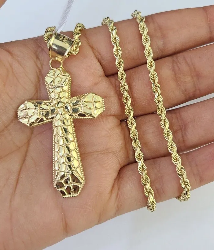 Necklaces Gold and Diamond Real 10k Gold Rope Chain Jesus Cross Charm Pendant SET Necklace 3mm 2030 Inch Necklaces Gold and Diamond Real 10k Gold Rope Chain Jesus Cross Charm Pendant SET Necklace 3mm 2030 Inch