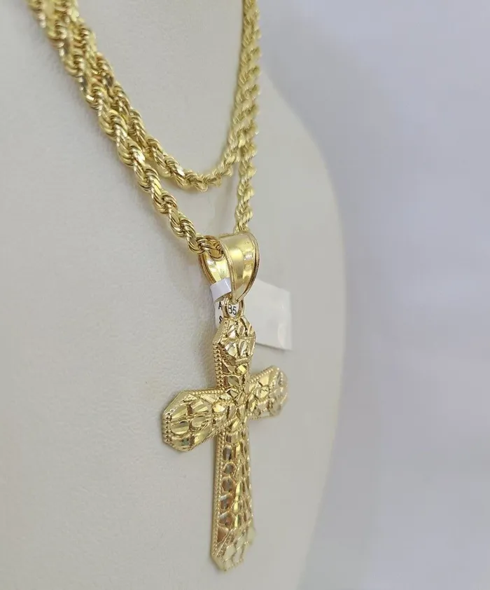 Necklaces Gold and Diamond Real 10k Gold Rope Chain Jesus Cross Charm Pendant SET Necklace 3mm 2030 Inch