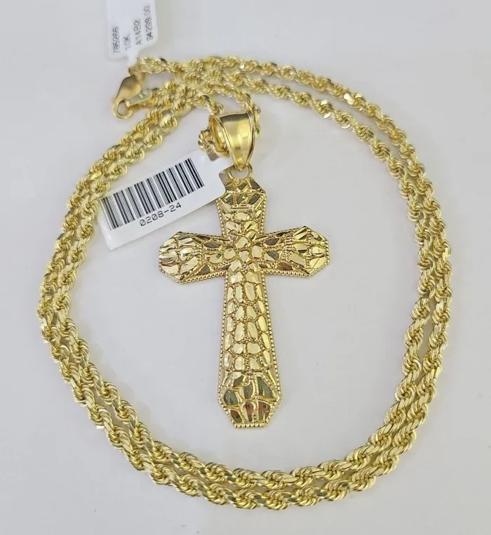Necklaces Gold and Diamond Real 10k Gold Rope Chain Jesus Cross Charm Pendant SET Necklace 3mm 2030 Inch