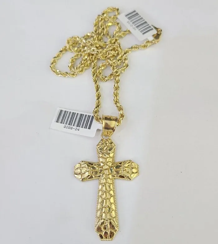 Necklaces Gold and Diamond Real 10k Gold Rope Chain Jesus Cross Charm Pendant SET Necklace 3mm 2030 Inch