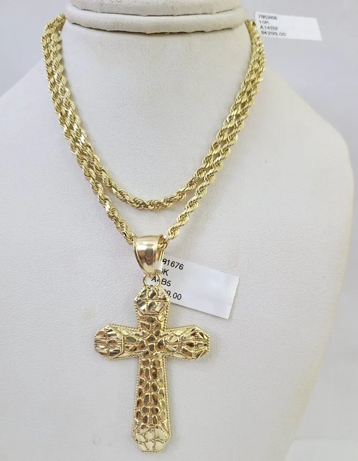 Necklaces Gold and Diamond Real 10k Gold Rope Chain Jesus Cross Charm Pendant SET Necklace 3mm 2030 Inch