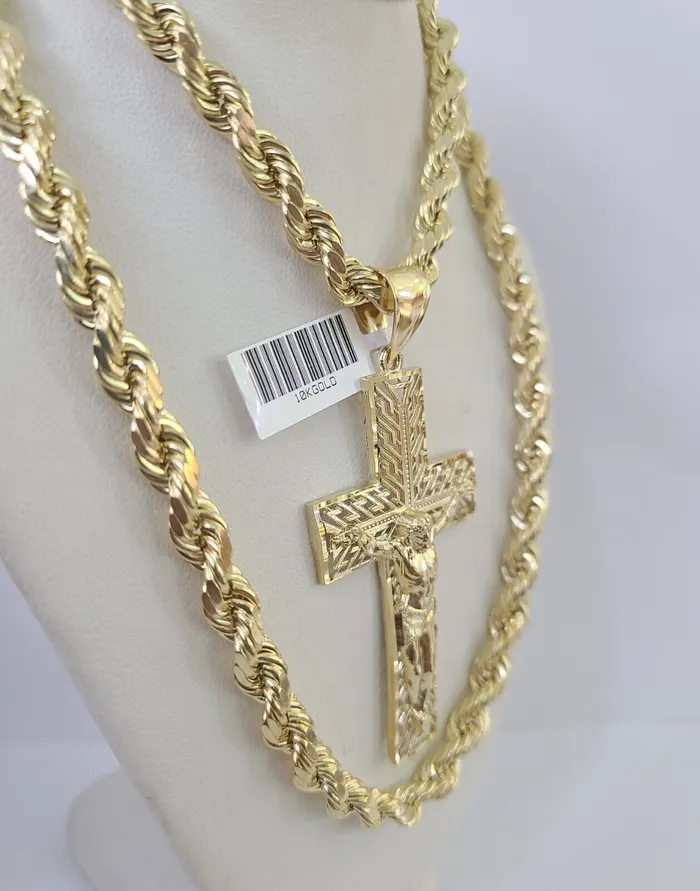 Necklaces Real 10k Rope Chain Jesus Cross Charm Set 7mm 2028 Inch Necklace Yellow Gold Globalwatches10