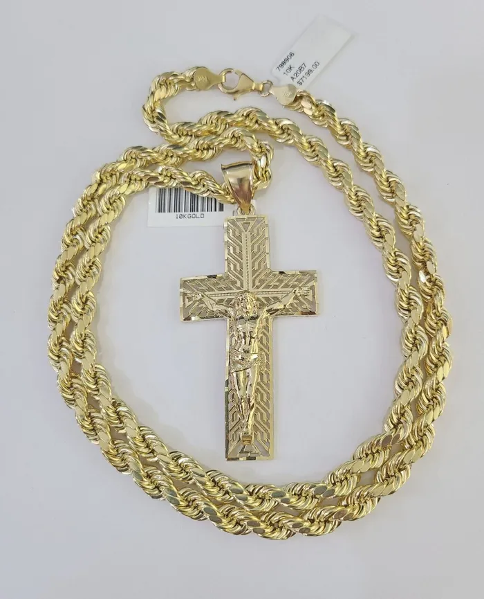 Necklaces Real 10k Rope Chain Jesus Cross Charm Set 7mm 2028 Inch Necklace Yellow Gold Globalwatches10