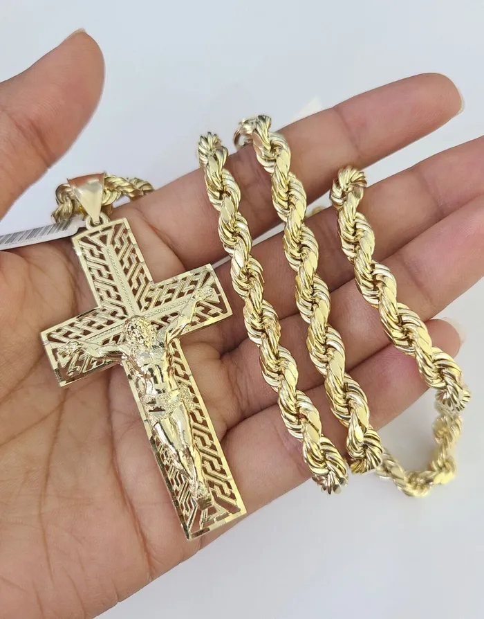 Necklaces Real 10k Rope Chain Jesus Cross Charm Set 7mm 2028 Inch Necklace Yellow Gold Globalwatches10