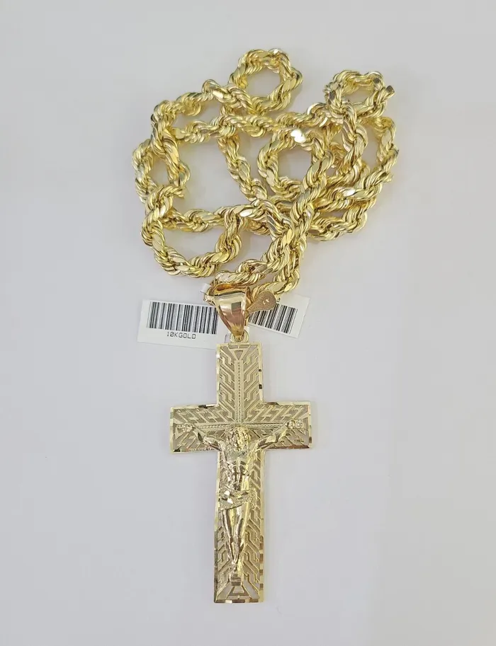 Necklaces Real 10k Rope Chain Jesus Cross Charm Set 7mm 2028 Inch Necklace Yellow Gold Globalwatches10