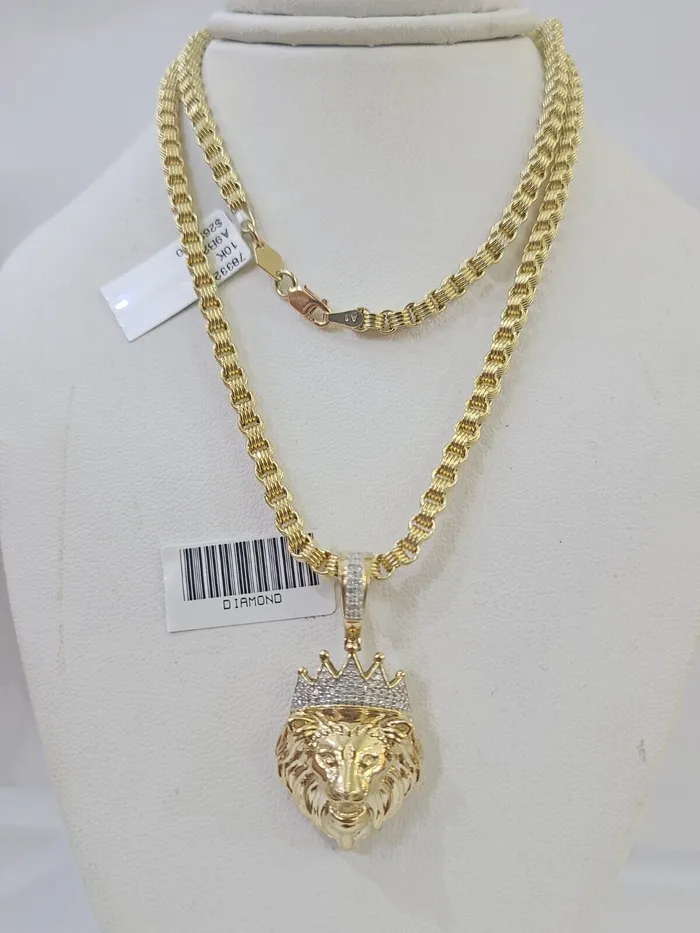Real 10k Diamond Lion Charm Byzantine Chain Necklace 3mm 22 SET 10kt Genuine Gold and Diamond Necklaces