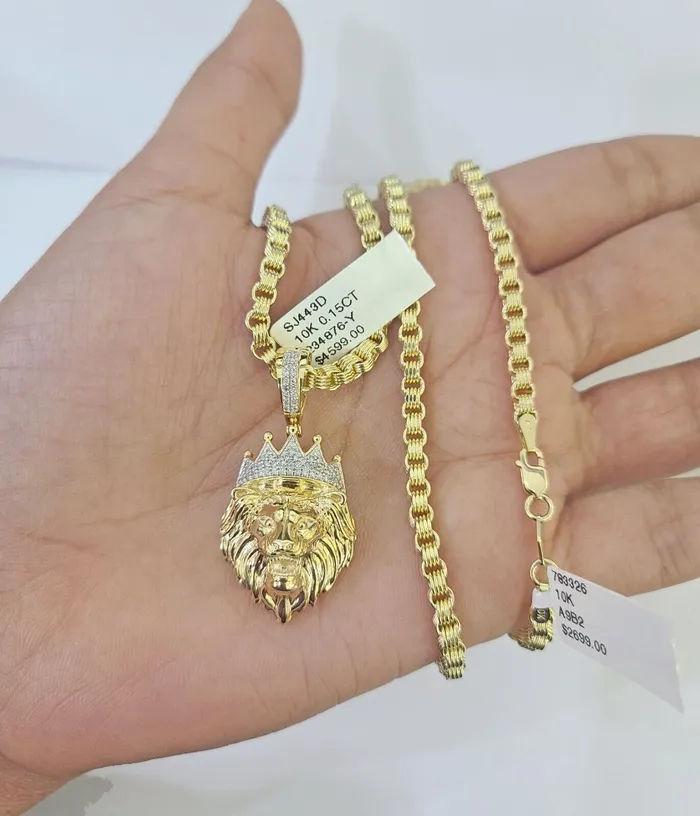 Real 10k Diamond Lion Charm Byzantine Chain Necklace 3mm 22 SET 10kt Genuine Gold and Diamond Necklaces