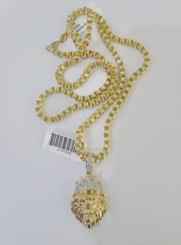 Real 10k Diamond Lion Charm Byzantine Chain Necklace 3mm 22 SET 10kt Genuine Gold and Diamond Necklaces