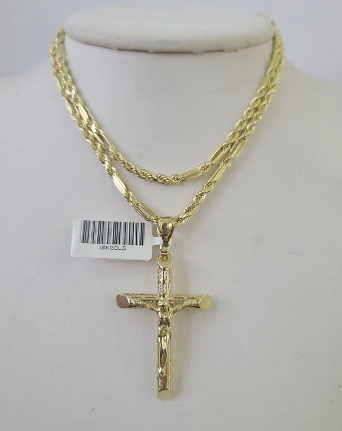 Real 10k Milano Rope Chain Jesus Cross Charm Necklace SET 3mm 18 20 22 24 Gold and Diamond Necklaces Real 10k Milano Rope Chain Jesus Cross Charm Necklace SET 3mm 18 20 22 24 Gold and Diamond Necklaces