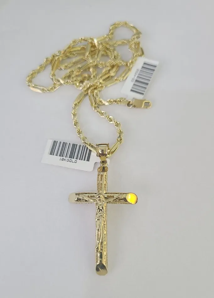 Real 10k Milano Rope Chain Jesus Cross Charm Necklace SET 3mm 18 20 22 24 Gold and Diamond Necklaces