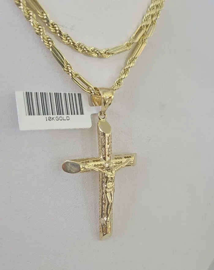 Real 10k Milano Rope Chain Jesus Cross Charm Necklace SET 3mm 18 20 22 24 Gold and Diamond Necklaces