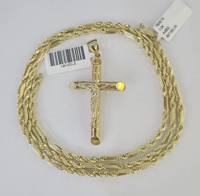 Real 10k Milano Rope Chain Jesus Cross Charm Necklace SET 3mm 18 20 22 24 Gold and Diamond Necklaces