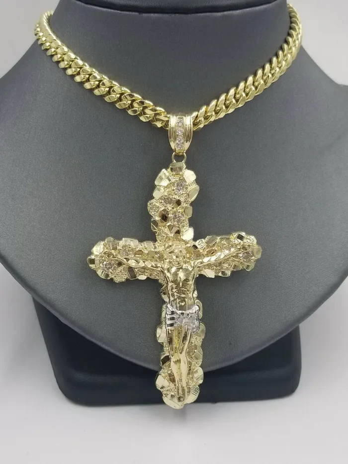 Real 10k Yellow Gold Jesus Cross Pendant with 26 Inch Cuban Chain Box Lock Set Gold and Diamond Necklaces Real 10k Yellow Gold Jesus Cross Pendant with 26 Inch Cuban Chain Box Lock Set Gold and Diamond Necklaces