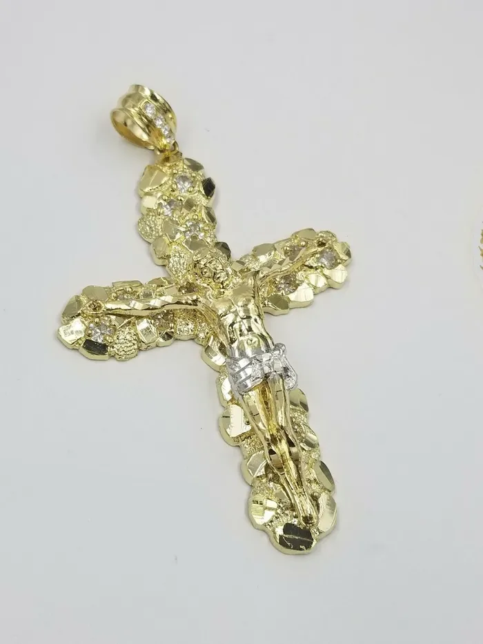 Real 10k Yellow Gold Jesus Cross Pendant with 26 Inch Cuban Chain Box Lock Set Gold and Diamond Necklaces