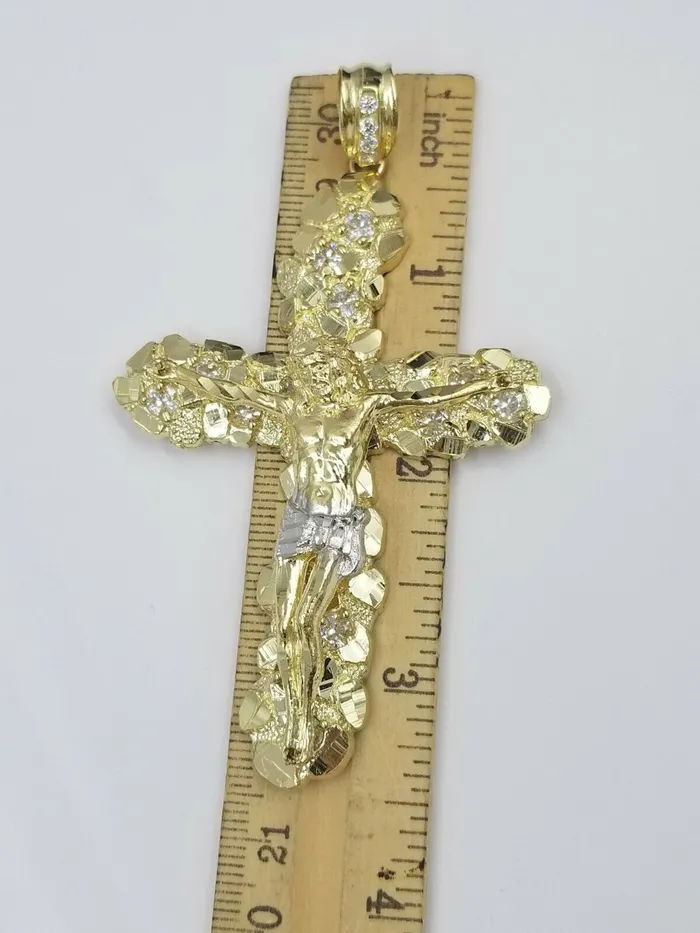 Real 10k Yellow Gold Jesus Cross Pendant with 26 Inch Cuban Chain Box Lock Set Gold and Diamond Necklaces