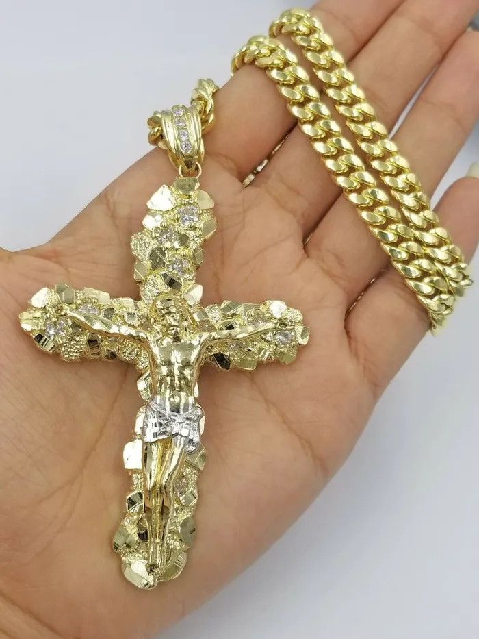 Real 10k Yellow Gold Jesus Cross Pendant with 26 Inch Cuban Chain Box Lock Set Gold and Diamond Necklaces
