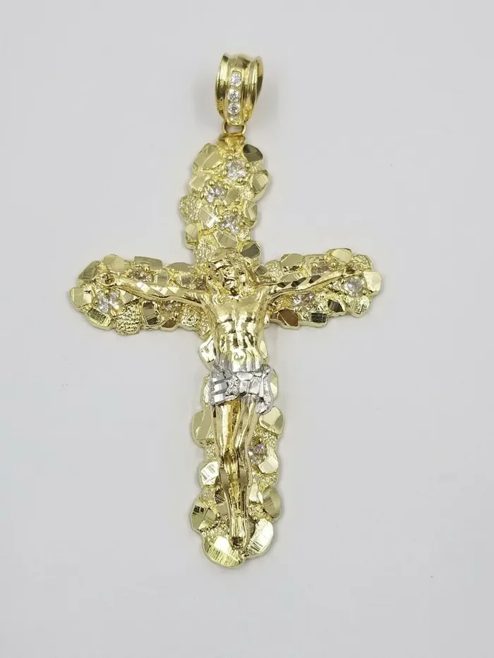 Real 10k Yellow Gold Jesus Cross Pendant with 26 Inch Cuban Chain Box Lock Set Gold and Diamond Necklaces