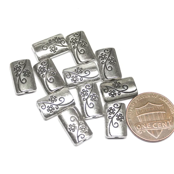 Rings Beads Supplies USA 8 Rectangle Spacer Bead Silver Tone Floral 2 Sided