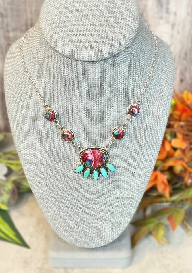 SophiaRene Boutique Necklaces Sterling Silver Pink DahliaTurquoise Multi Stone Cluster Necklace