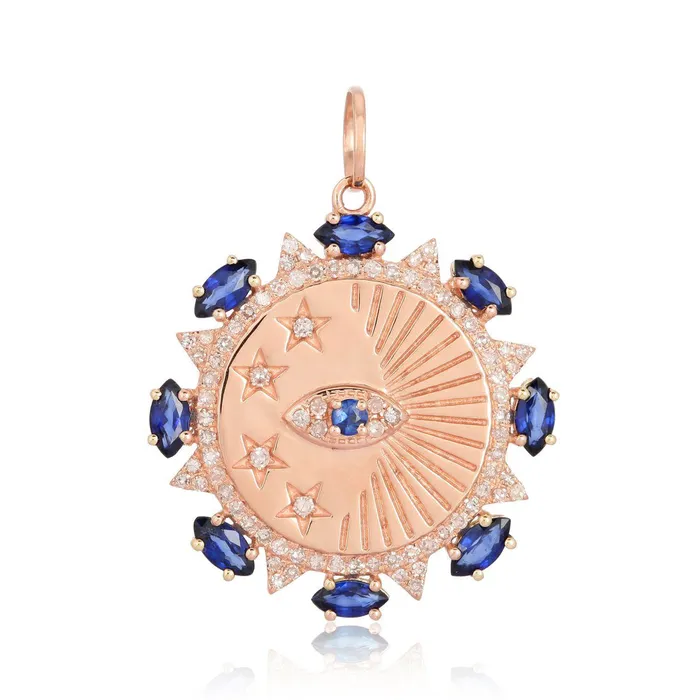 Charm Necklaces Alev Collection Evil Eye and Star With Blue Sapphire Medallion Charm