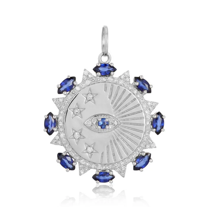 Charm Necklaces Alev Collection Evil Eye and Star With Blue Sapphire Medallion Charm
