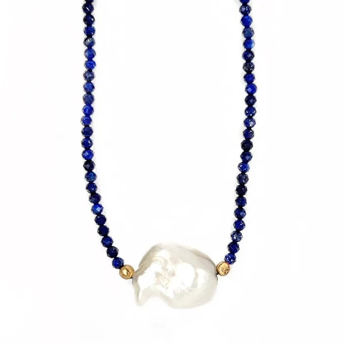 Emily Amey Jewelry Necklaces Keshi Pearl with Lapis beaded necklace