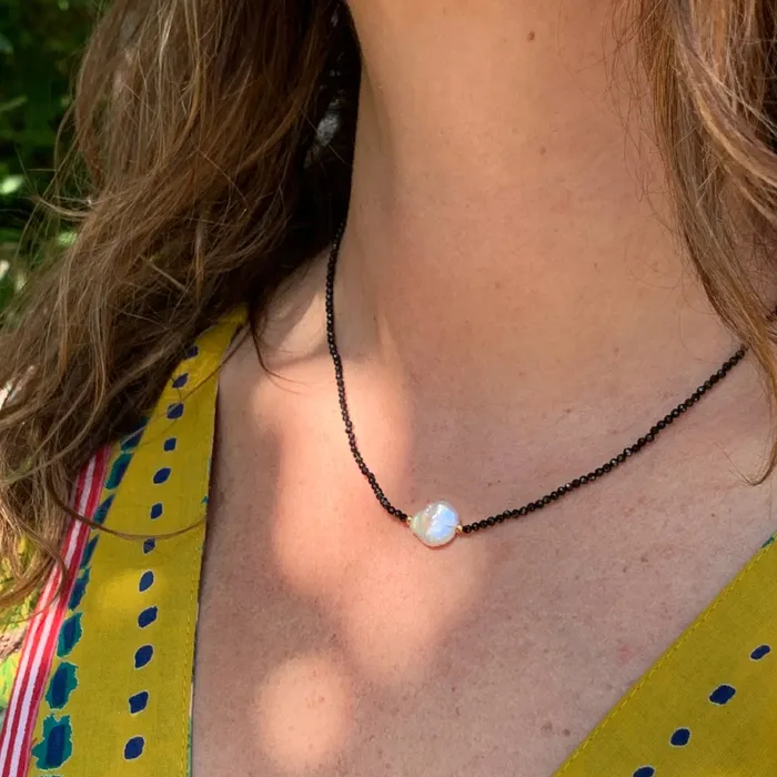 Emily Amey Jewelry Necklaces Keshi Pearl with Lapis beaded necklace