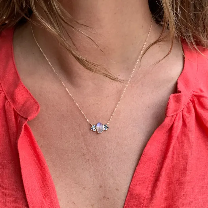 Emily Amey Jewelry Necklaces Moonstone Necklace with Sapphires and Blue Zircons in 14k gold