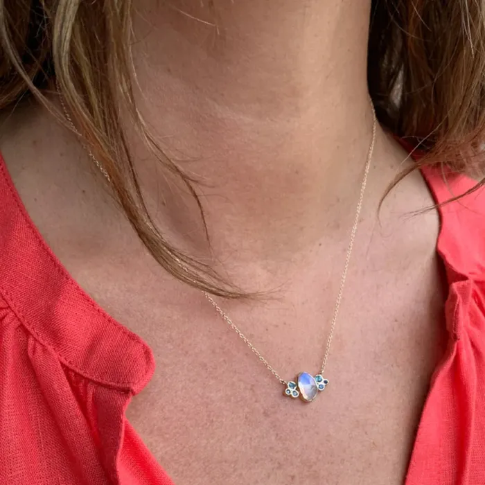 Emily Amey Jewelry Necklaces Moonstone Necklace with Sapphires and Blue Zircons in 14k gold