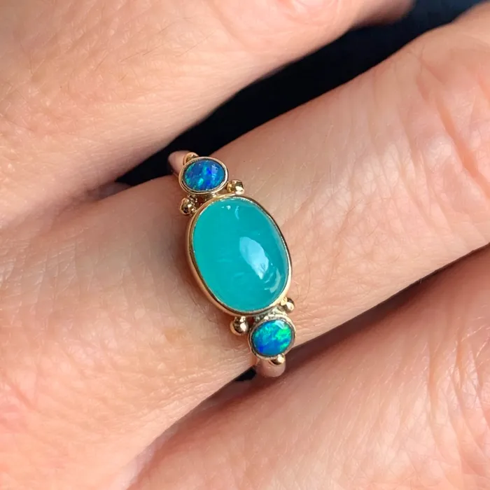 Emily Amey Jewelry Rings Amazonite Cabochon and opal doublets ring in 14k and sterling silver