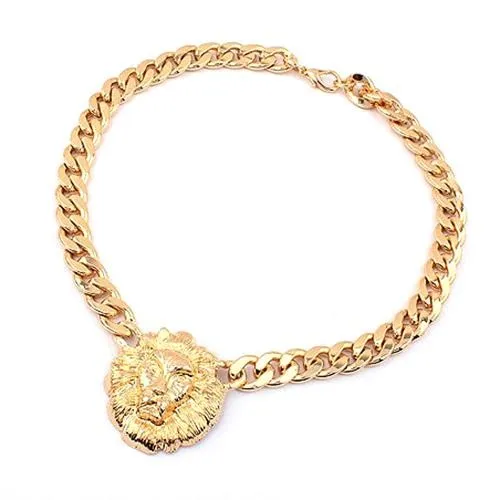 Fashion Women Gold Flat Chain Choker Lion Head Pendant Necklace sparklingselections Necklaces Fashion Women Gold Flat Chain Choker Lion Head Pendant Necklace sparklingselections Necklaces