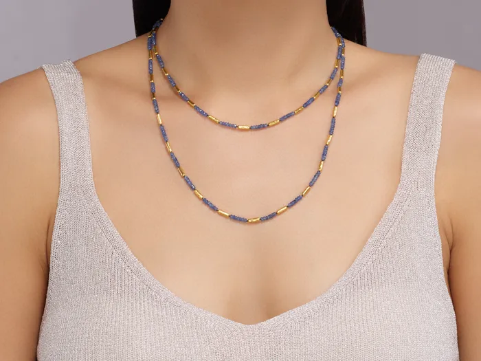 GG GOLD COR GURHAN Vertigo Gold Sapphire SingleStrand Beaded Long Necklace Thin Gold Tubes with Stone Clusters Necklaces GG GOLD COR GURHAN Vertigo Gold Sapphire SingleStrand Beaded Long Necklace Thin Gold Tubes with Stone Clusters Necklaces