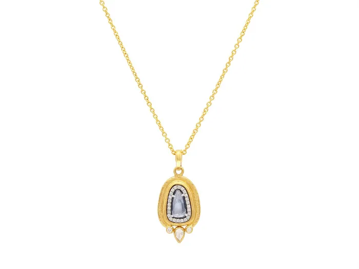 GG GOLD OOAK GURHAN Muse Gold Sapphire Pendant Necklace 13x8mm Amorphous set in Wide Frame Necklaces GG GOLD OOAK GURHAN Muse Gold Sapphire Pendant Necklace 13x8mm Amorphous set in Wide Frame Necklaces