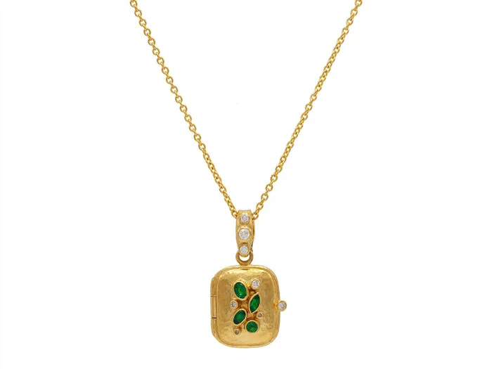GG GOLD OOAK Necklaces GURHAN Locket Gold Emerald Pendant Necklace 31x17mm Rectangle with Clustered Stones