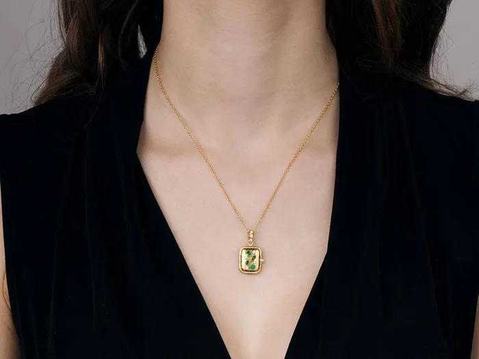 GG GOLD OOAK Necklaces GURHAN Locket Gold Emerald Pendant Necklace 31x17mm Rectangle with Clustered Stones GG GOLD OOAK Necklaces GURHAN Locket Gold Emerald Pendant Necklace 31x17mm Rectangle with Clustered Stones