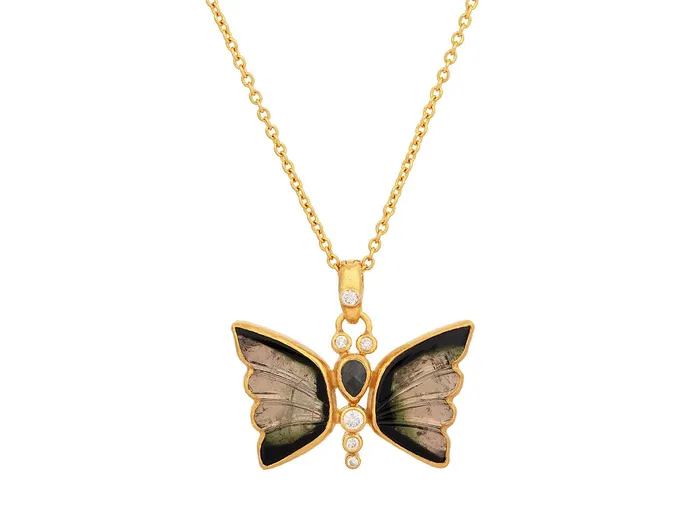 GURHAN Butterfly Gold Tourmaline Pendant Necklace 18x11mm Carved GG GOLD OOAK Necklaces GURHAN Butterfly Gold Tourmaline Pendant Necklace 18x11mm Carved GG GOLD OOAK Necklaces