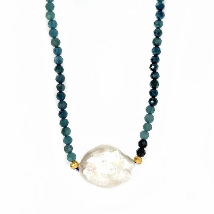 Keshi Pearl with Blue Tourmaline Beaded Necklace Emily Amey Jewelry Necklaces