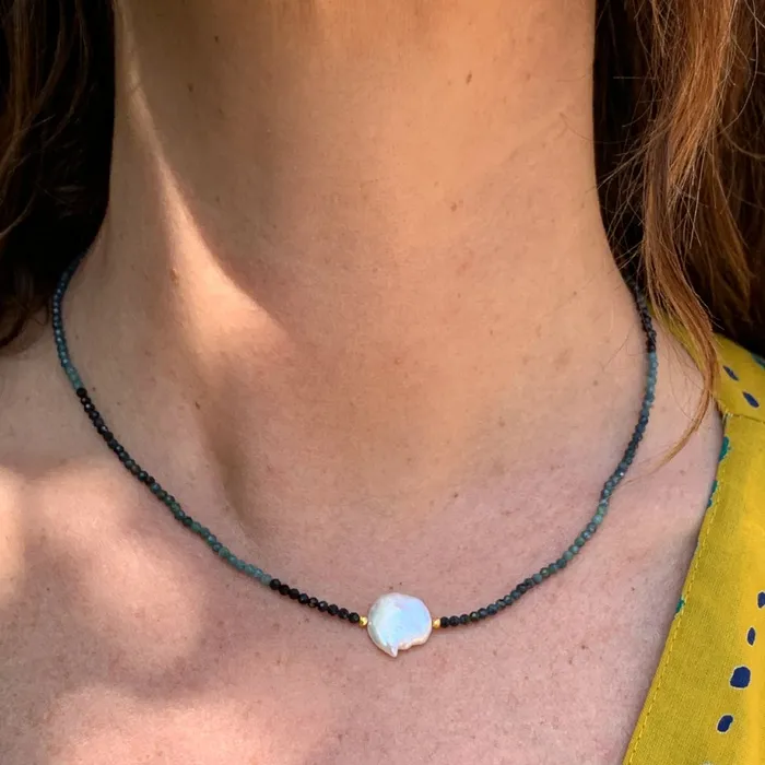 Keshi Pearl with Blue Tourmaline Beaded Necklace Emily Amey Jewelry Necklaces