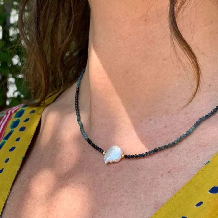 Keshi Pearl with Blue Tourmaline Beaded Necklace Emily Amey Jewelry Necklaces
