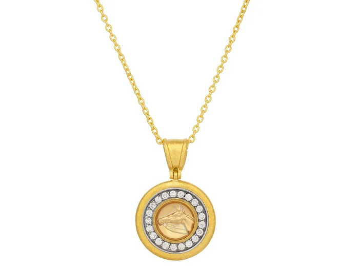 Necklaces GG GOLD OOAK GURHAN Antiquities Gold Crystal Intaglio Pendant Necklace 13mm Round set in Wide Frame Horse Necklaces GG GOLD OOAK GURHAN Antiquities Gold Crystal Intaglio Pendant Necklace 13mm Round set in Wide Frame Horse
