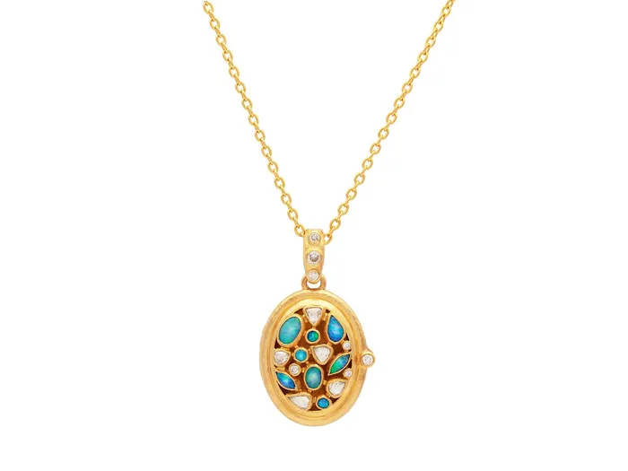 Necklaces GG GOLD OOAK GURHAN Locket Gold Opal Pendant Necklace 21mm Wide Oval Necklaces GG GOLD OOAK GURHAN Locket Gold Opal Pendant Necklace 21mm Wide Oval