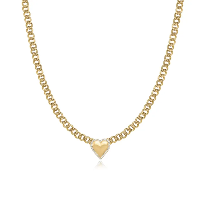 Puffy Heart with Pave Outline Cuban Necklace Alev Collection Necklaces