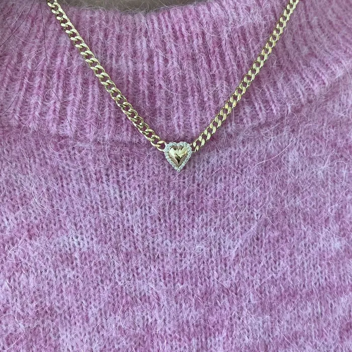 Puffy Heart with Pave Outline Cuban Necklace Alev Collection Necklaces